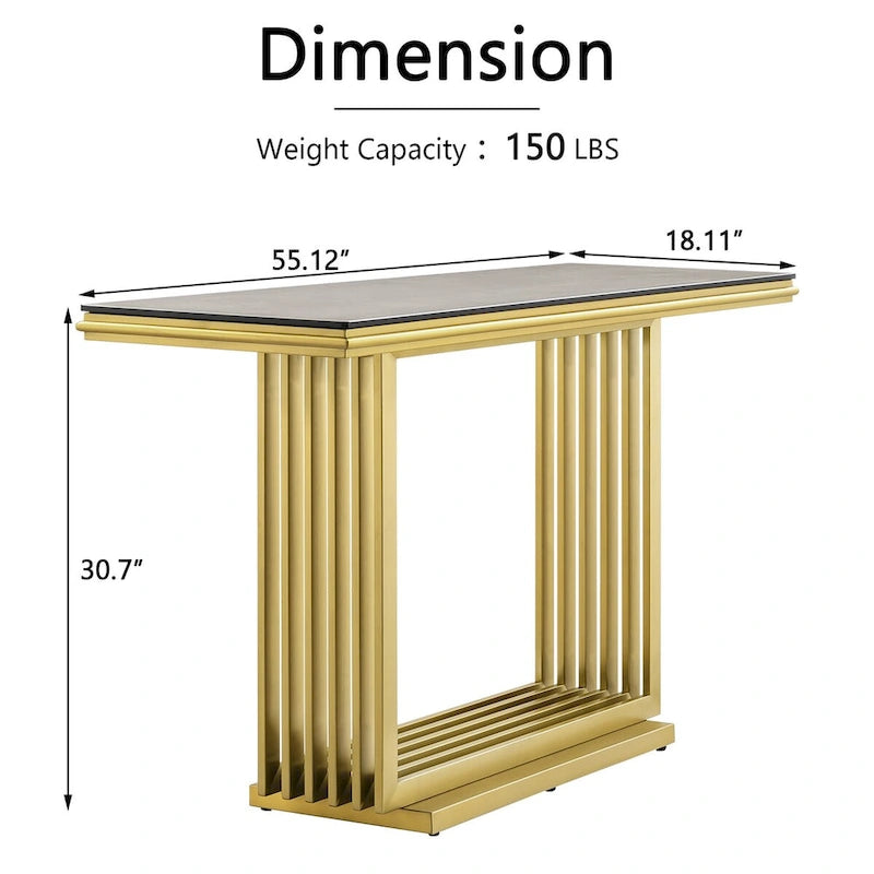 Glam 60 inch Rectangular Glass Console Table with Brushed Gold Stainless Steel Base