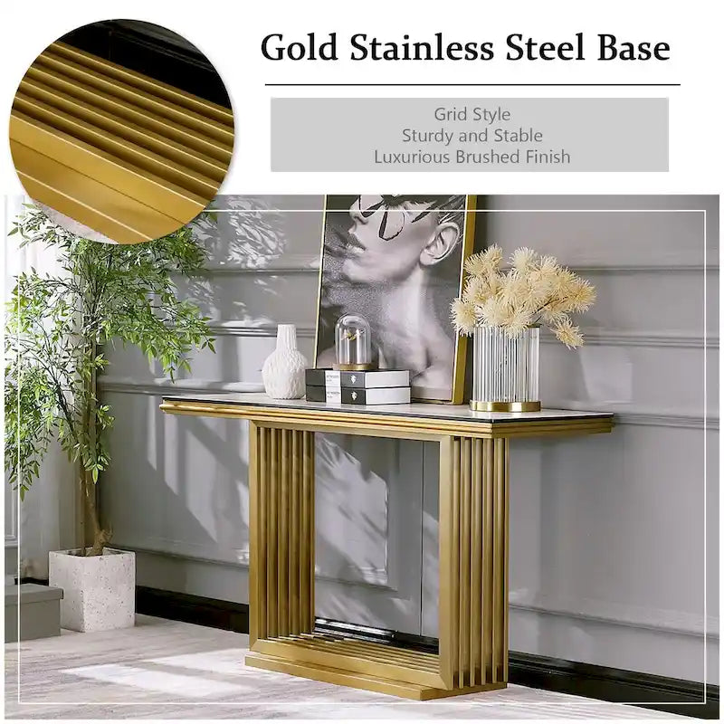 Glam 60 inch Rectangular Glass Console Table with Brushed Gold Stainless Steel Base