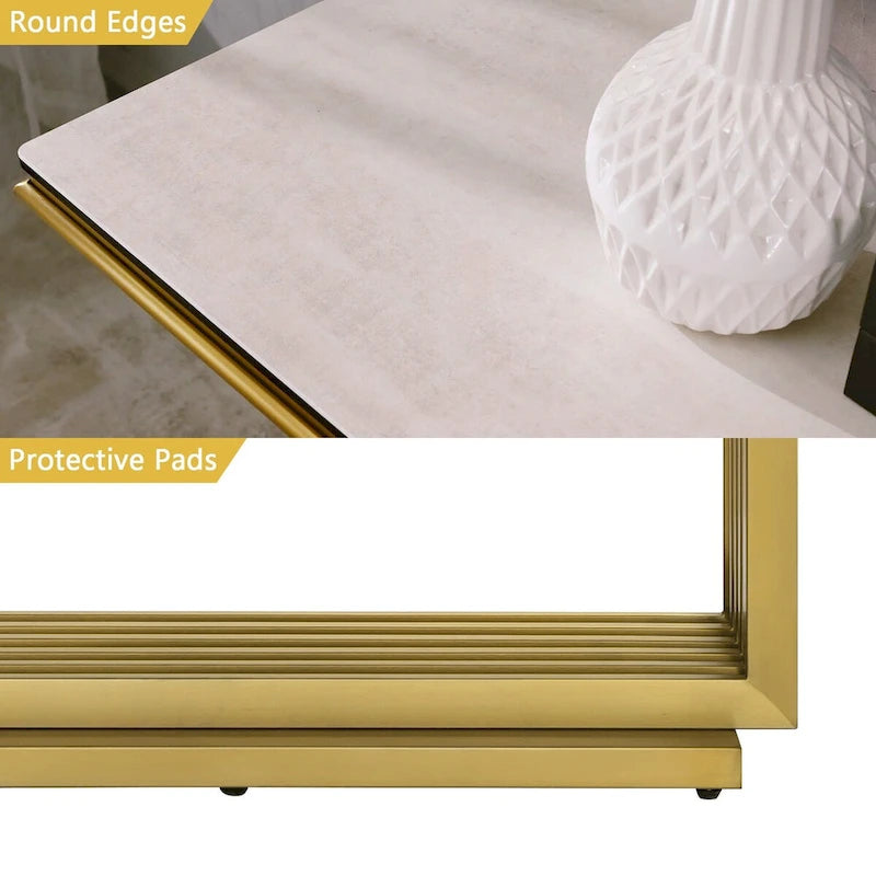 Glam 60 inch Rectangular Glass Console Table with Brushed Gold Stainless Steel Base