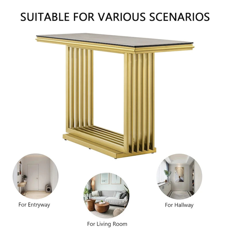 Glam 60 inch Rectangular Glass Console Table with Brushed Gold Stainless Steel Base