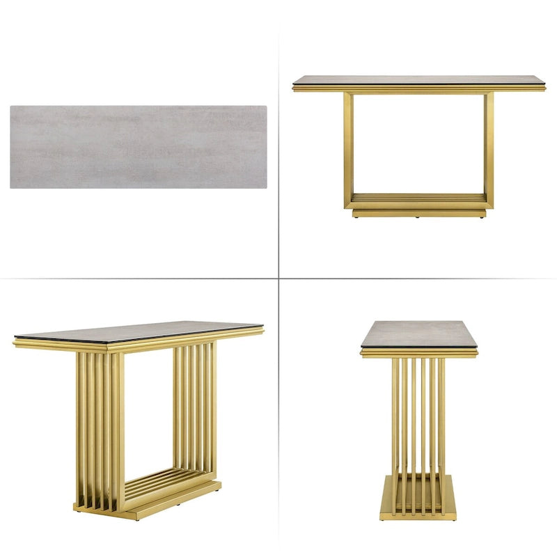 Glam 60 inch Rectangular Glass Console Table with Brushed Gold Stainless Steel Base