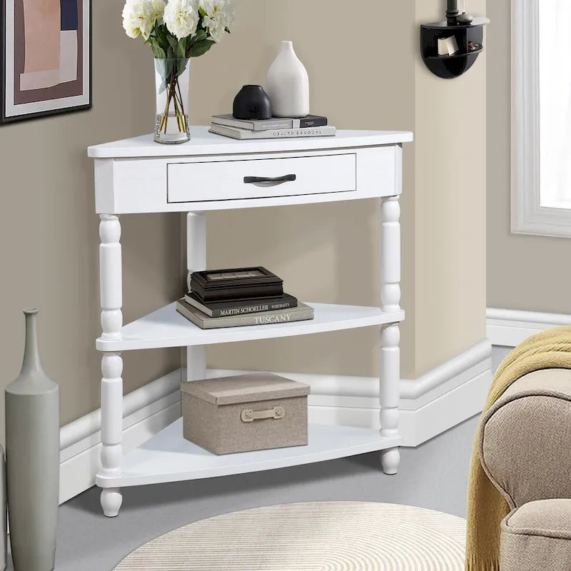 33.8Small Triangle Corner Table,Wood Corner Side Table for Small Spaces,3 Tier End Corner Table with Solid Wood Legs