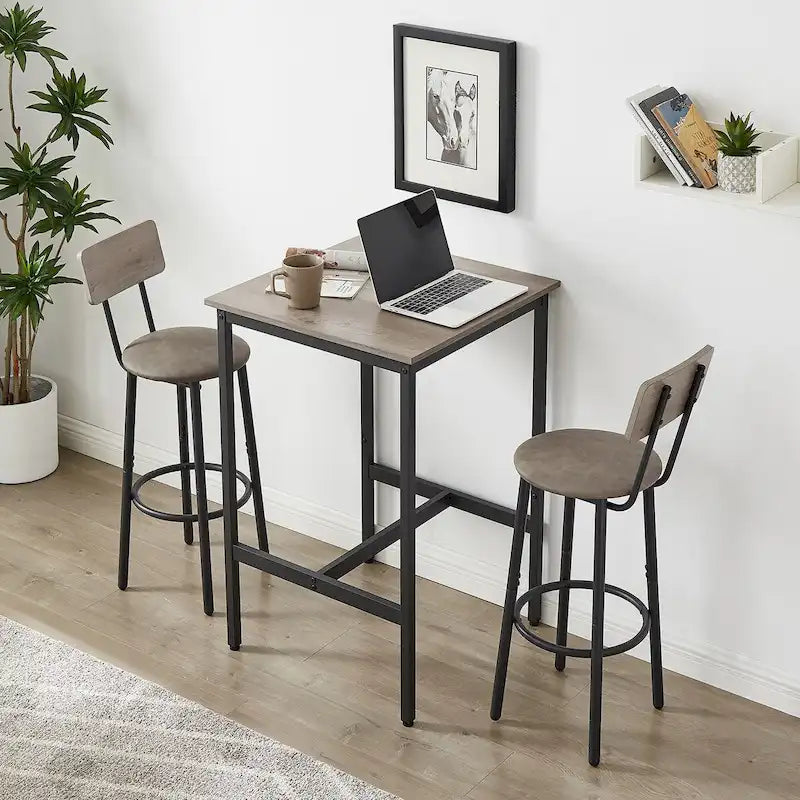Grondin Industrial Style 3-Piece Bar Table Set with 2 PU Soft Seat Bar Stools and Backrest, Counter Height Dining Set for 2
