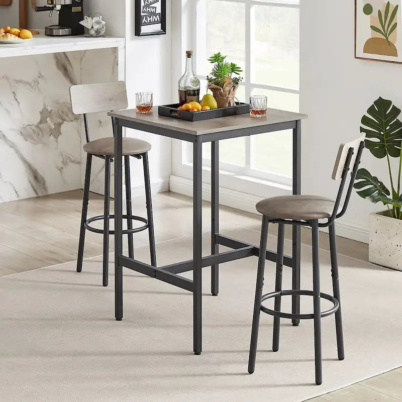 Grondin Industrial Style 3-Piece Bar Table Set with 2 PU Soft Seat Bar Stools and Backrest, Counter Height Dining Set for 2
