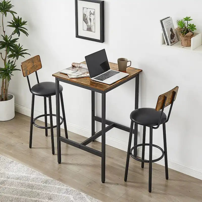 Grondin Industrial Style 3-Piece Bar Table Set with 2 PU Soft Seat Bar Stools and Backrest, Counter Height Dining Set for 2