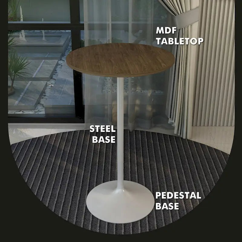 LeisureMod Verve 27 Round Dining Table with MDF Wood TableTop and White Steel Base for Kitchen & Dining Room