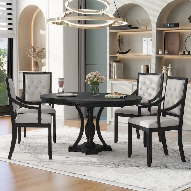 Retro 5-piece Dining Set Extendable Round Table and 4 Chairs for Kitchen Dining Room