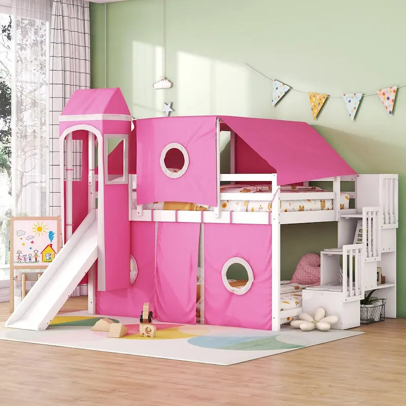 House Full Loft Bed with Slide,Storage Stairs and Tent,Tower and Ladders, Playhouse Full Bed Frame for Kids