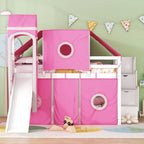 House Full Loft Bed with Slide,Storage Stairs and Tent,Tower and Ladders, Playhouse Full Bed Frame for Kids