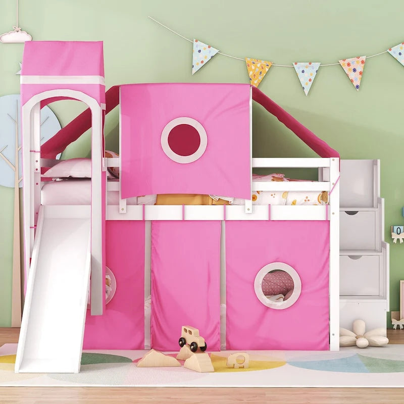 House Full Loft Bed with Slide,Storage Stairs and Tent,Tower and Ladders, Playhouse Full Bed Frame for Kids