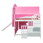 House Full Loft Bed with Slide,Storage Stairs and Tent,Tower and Ladders, Playhouse Full Bed Frame for Kids