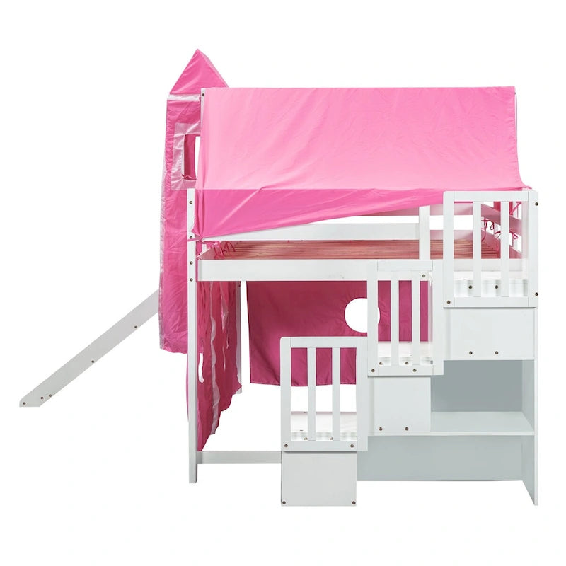 House Full Loft Bed with Slide,Storage Stairs and Tent,Tower and Ladders, Playhouse Full Bed Frame for Kids