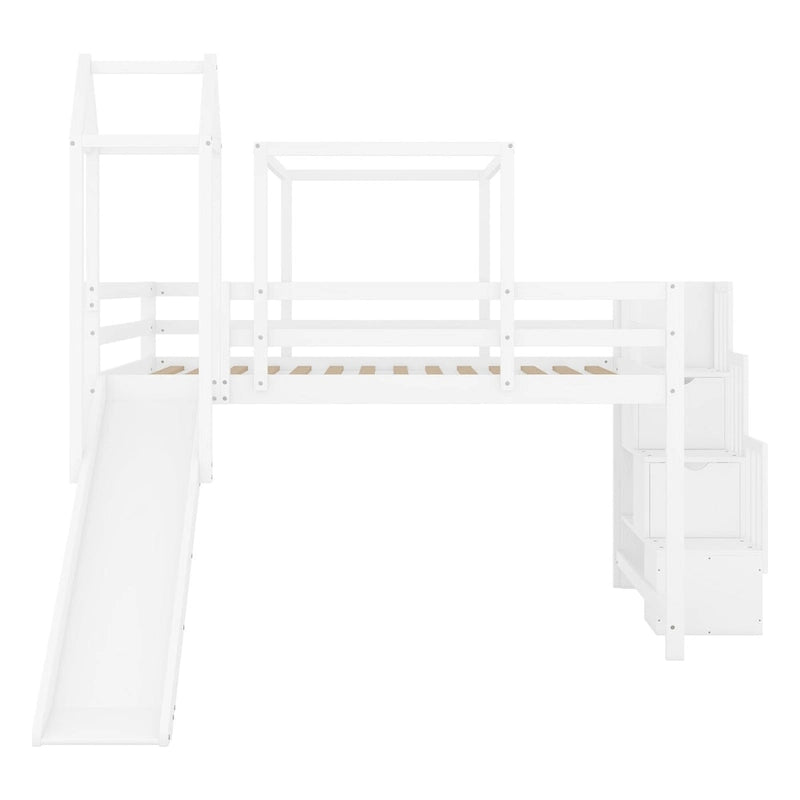 House Full Loft Bed with Slide,Storage Stairs and Tent,Tower and Ladders, Playhouse Full Bed Frame for Kids