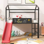 Merax Metal Twin House Loft Bed with Two-sided writable Wooden Board, Slide