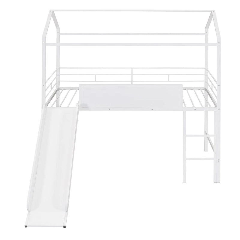 Merax Metal Twin House Loft Bed with Two-sided writable Wooden Board, Slide