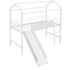 Merax Metal Twin House Loft Bed with Two-sided writable Wooden Board, Slide