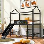 Merax Metal Twin House Loft Bed with Two-sided writable Wooden Board, Slide