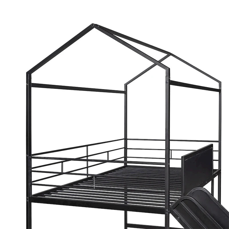 Merax Metal Twin House Loft Bed with Two-sided writable Wooden Board, Slide