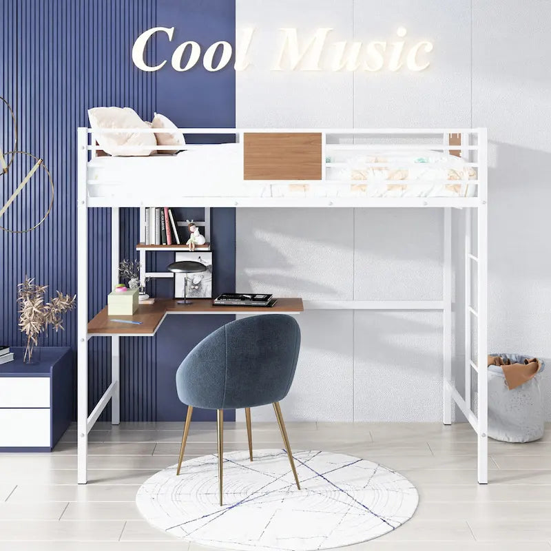 Twin Metal Loft Bed with Desk and Shelve