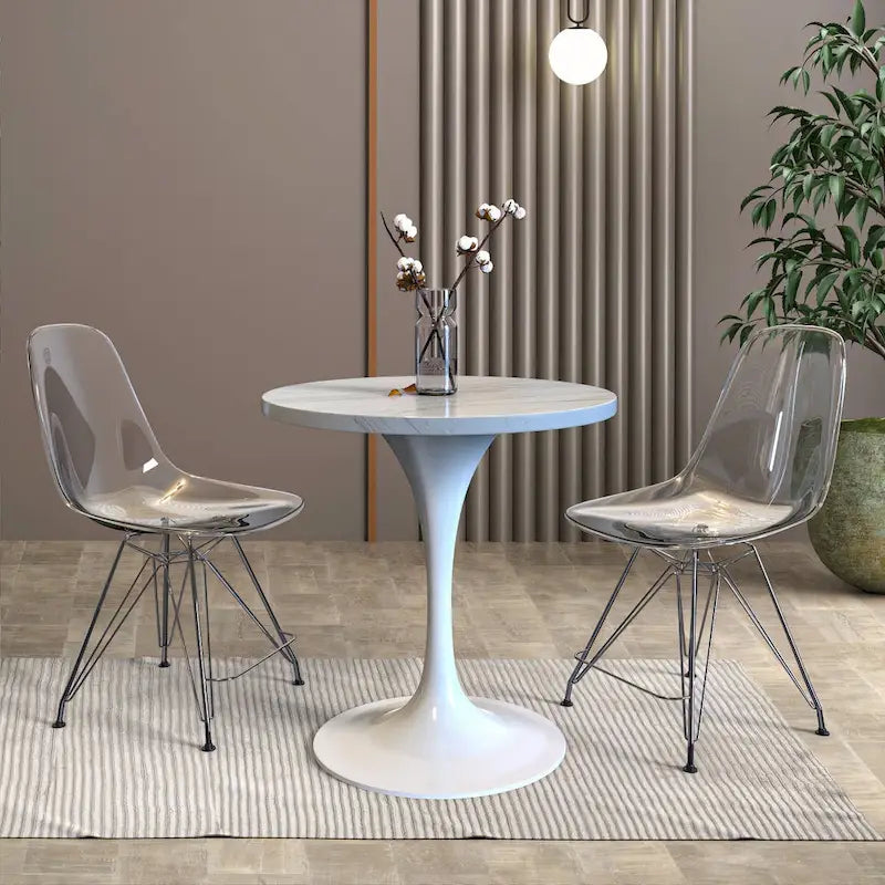 LeisureMod Verve Round Dining Table with White Resin TableTop and White Steel Base for Kitchen & Dining Room