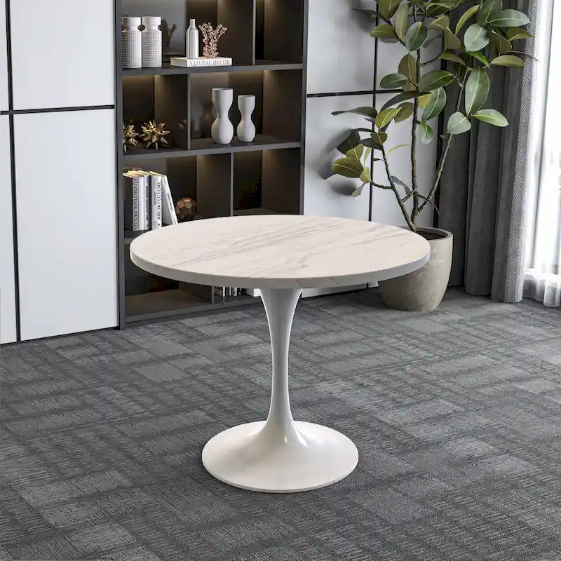 LeisureMod Verve Round Dining Table with White Resin TableTop and White Steel Base for Kitchen & Dining Room