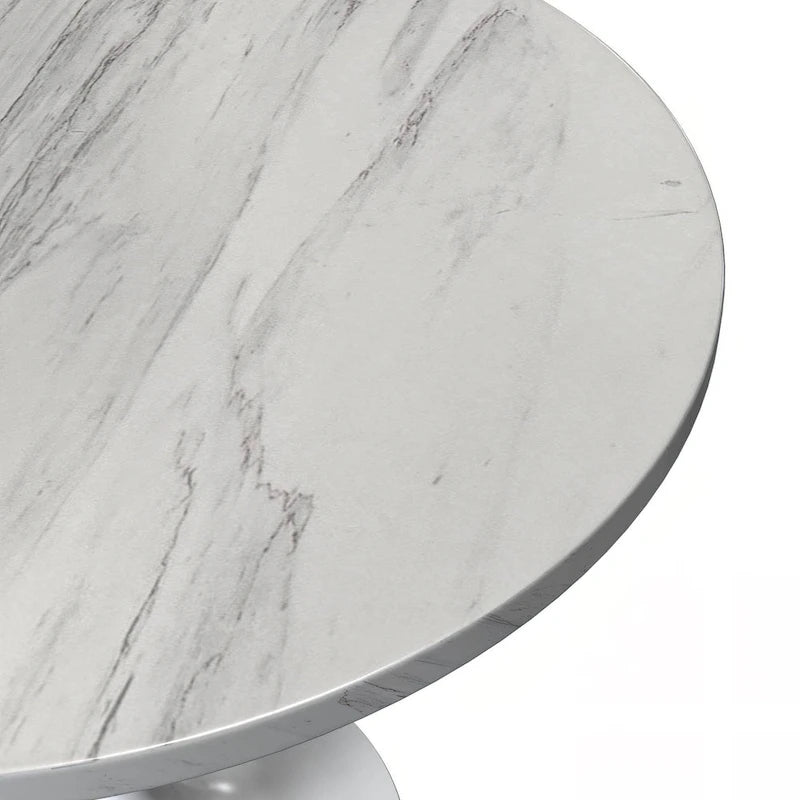 LeisureMod Verve Round Dining Table with White Resin TableTop and White Steel Base for Kitchen & Dining Room