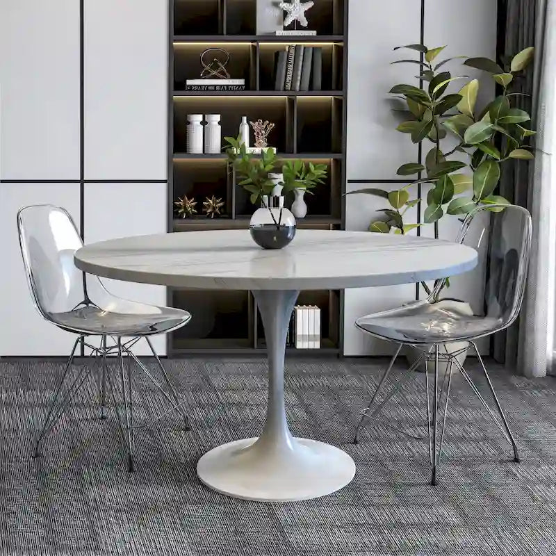 LeisureMod Verve Round Dining Table with White Resin TableTop and White Steel Base for Kitchen & Dining Room