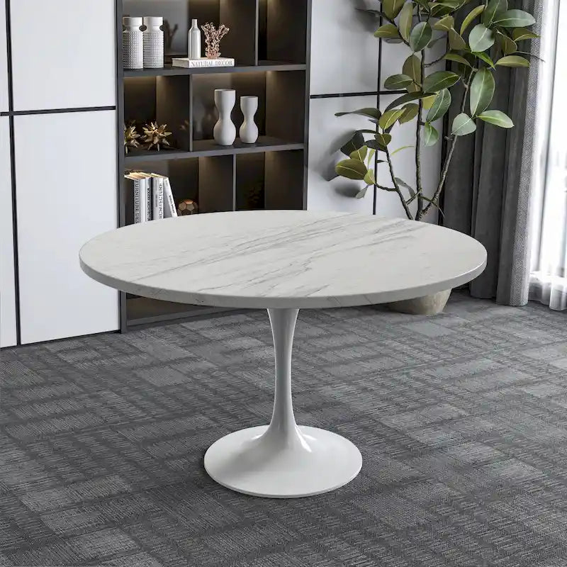 LeisureMod Verve Round Dining Table with White Resin TableTop and White Steel Base for Kitchen & Dining Room