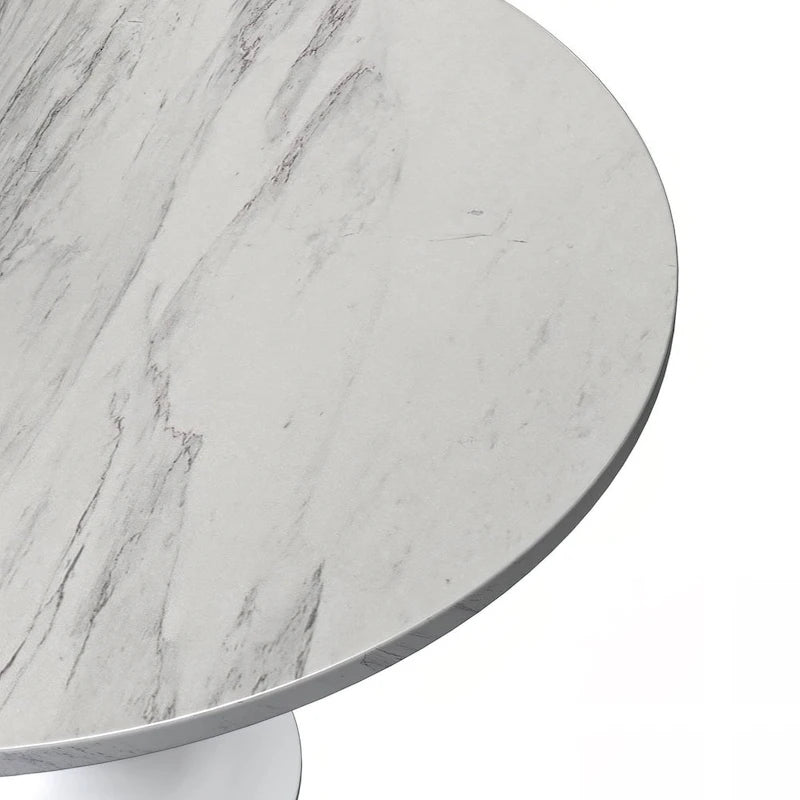 LeisureMod Verve Round Dining Table with White Resin TableTop and White Steel Base for Kitchen & Dining Room