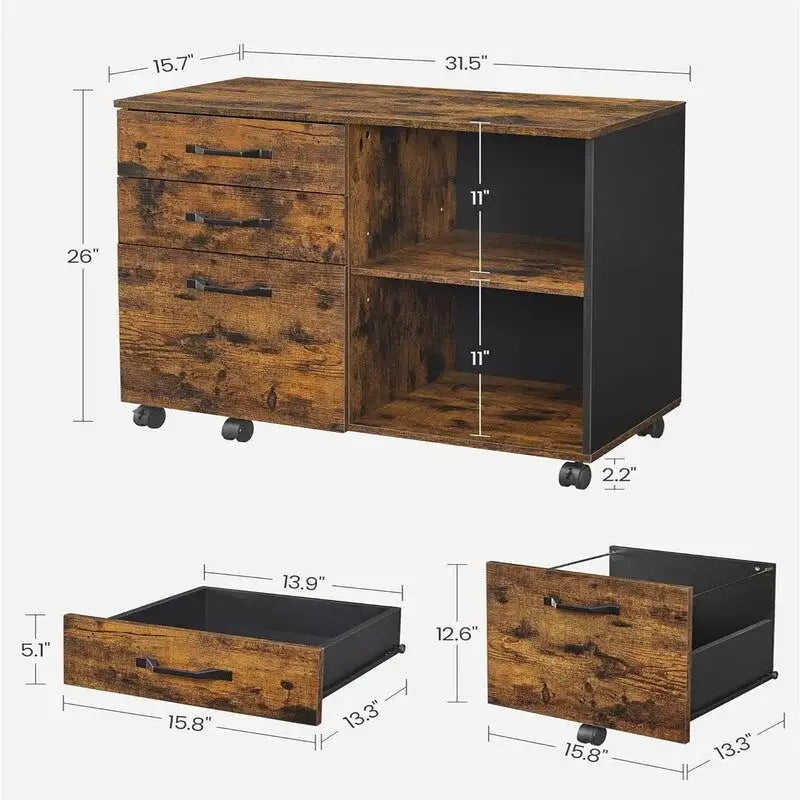 3 Drawers and Open Storage Shelves - 15.7D x 31.5W x 26H