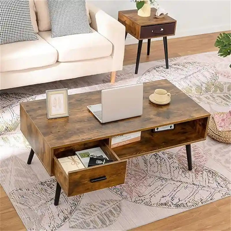 A coffee table with drawers