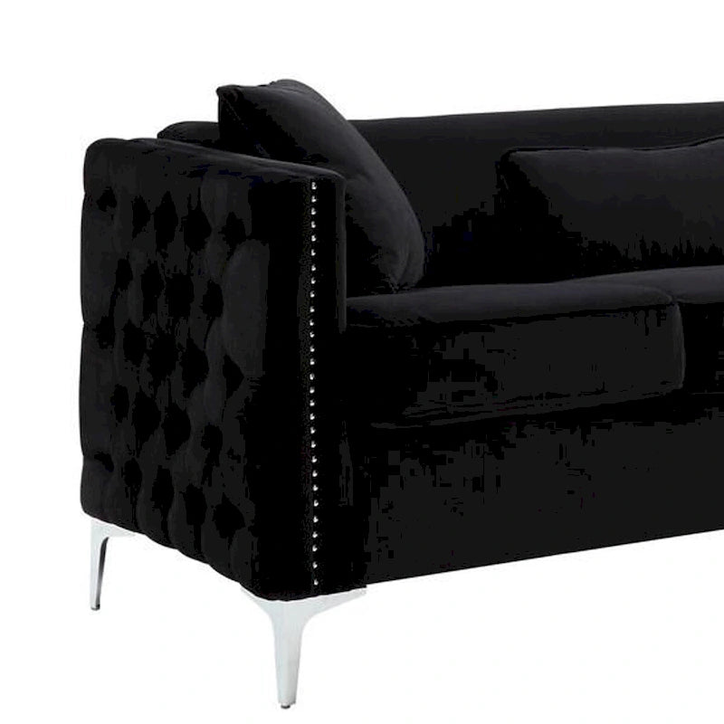 Joel 73 Inch Modern Sofa with 3 Pillows, Tufted Black Velvet, Silver Legs