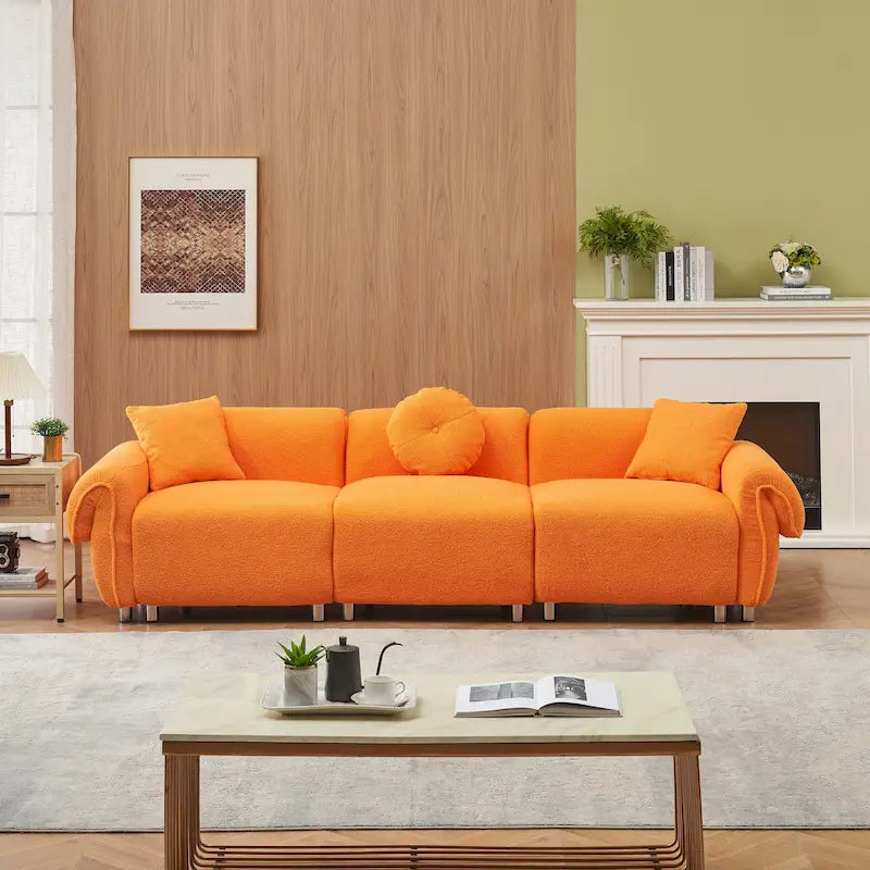 Orange Teddy Velvet Fabric,with 3 Pillows,Three-person Sofa Can be Placed in the Living Room and Other Scenes