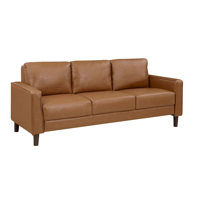 Stark 77 Inch Sofa, Brown Faux Leather, Track Style Arms, Solid Wood Frame