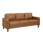 Stark 77 Inch Sofa, Brown Faux Leather, Track Style Arms, Solid Wood Frame