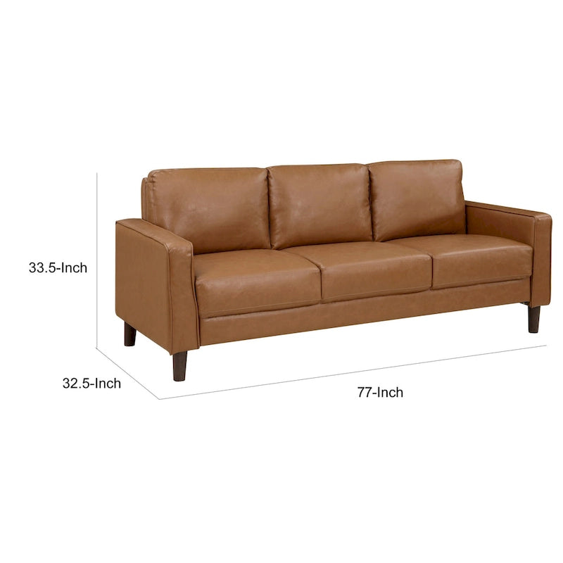 Stark 77 Inch Sofa, Brown Faux Leather, Track Style Arms, Solid Wood Frame