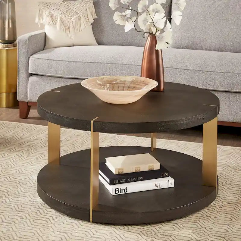 Vennesla Gold Finish Metal Dark Brown Faux Shagreen Round Table Set by iNSPIRE Q Bold