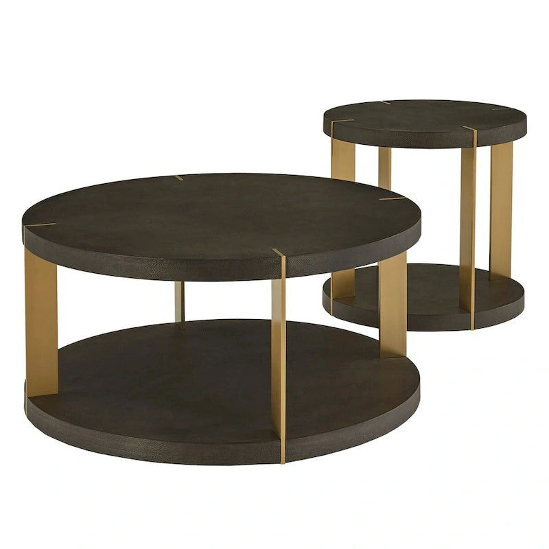 Vennesla Gold Finish Metal Dark Brown Faux Shagreen Round Table Set by iNSPIRE Q Bold