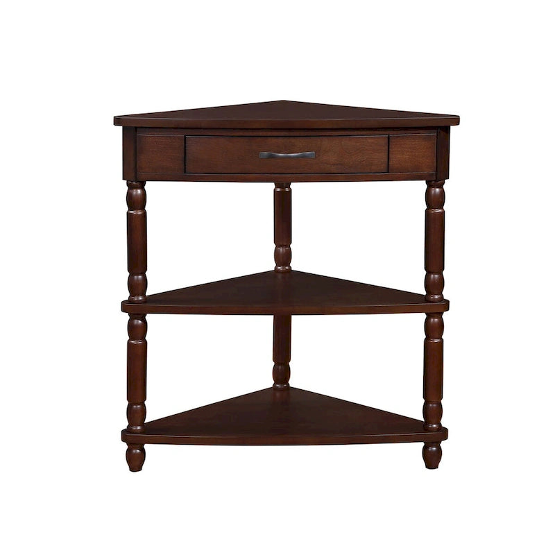 33.8Small Triangle Corner Table, Wood Side Table for Small Spaces Living Room, 3 Tier End Corner Table with Solid Wood Legs