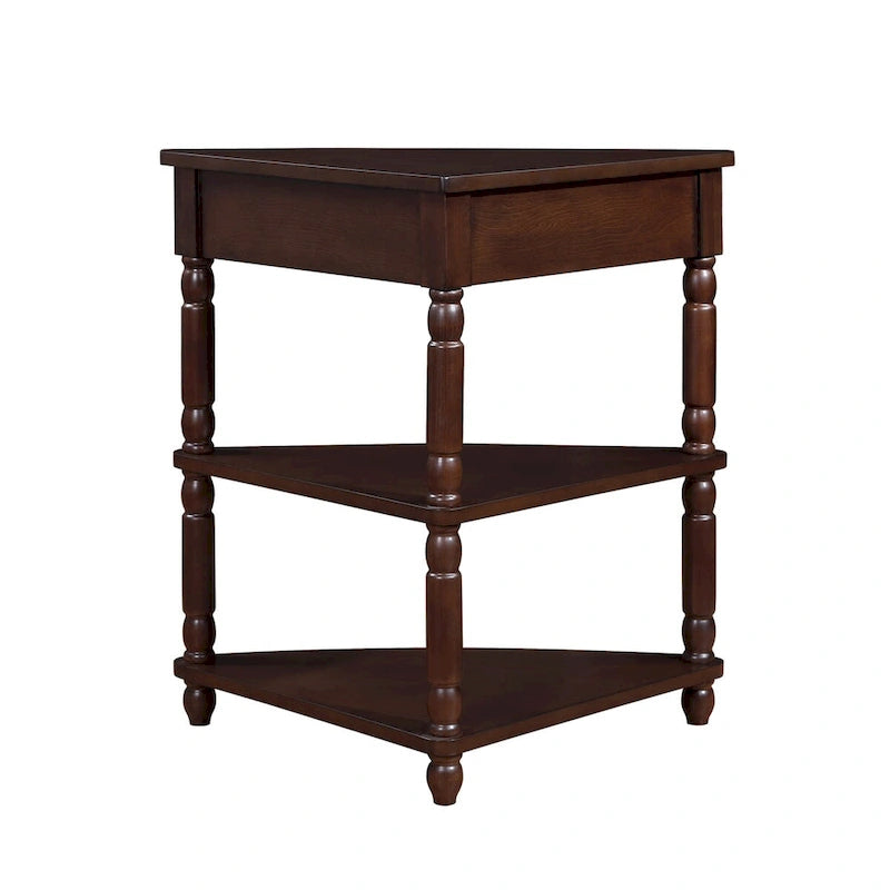 33.8Small Triangle Corner Table, Wood Side Table for Small Spaces Living Room, 3 Tier End Corner Table with Solid Wood Legs