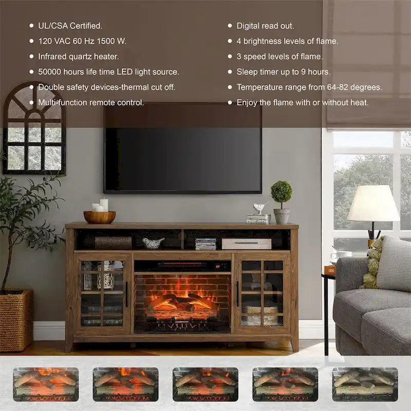 TV Media Stand with Electric Fireplace KD Inserts Heater - 55 inches