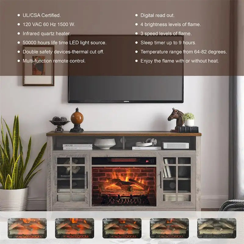 TV Media Stand with Electric Fireplace KD Inserts Heater - 55 inches