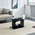 A rectangular modern coffee table with tempered glass tabletop and wooden color MDF legs. Suitable for living room.