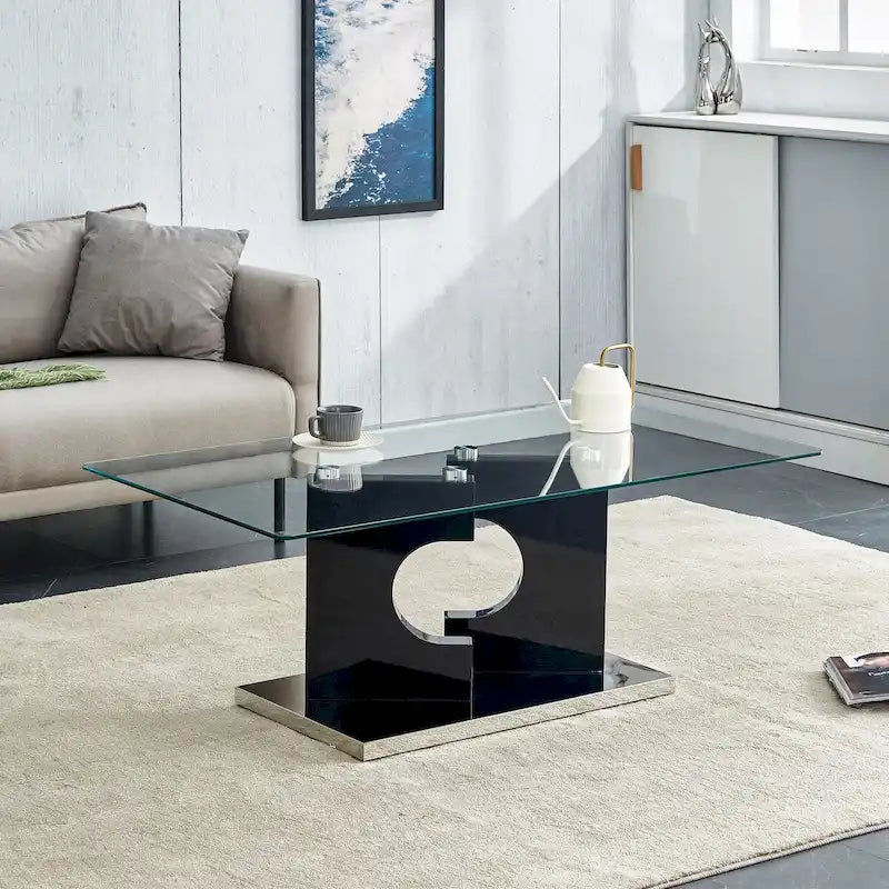 A rectangular modern coffee table with tempered glass tabletop and wooden color MDF legs. Suitable for living room.