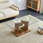 A rectangular modern coffee table with tempered glass tabletop and wooden color MDF legs. Suitable for living room.