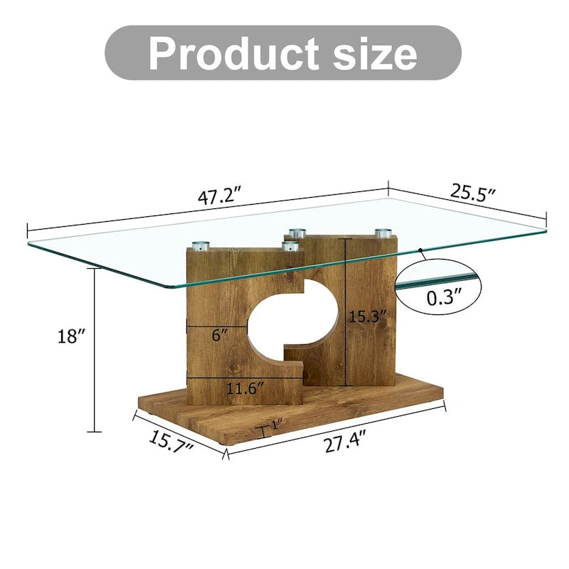A rectangular modern coffee table with tempered glass tabletop and wooden color MDF legs. Suitable for living room.