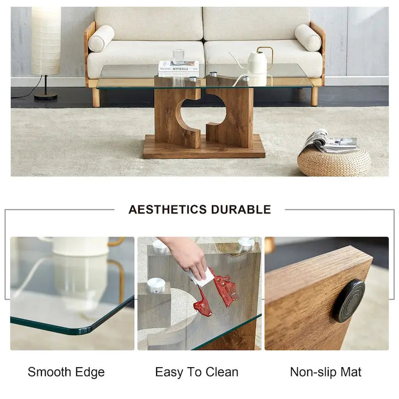 A rectangular modern coffee table with tempered glass tabletop and wooden color MDF legs. Suitable for living room.