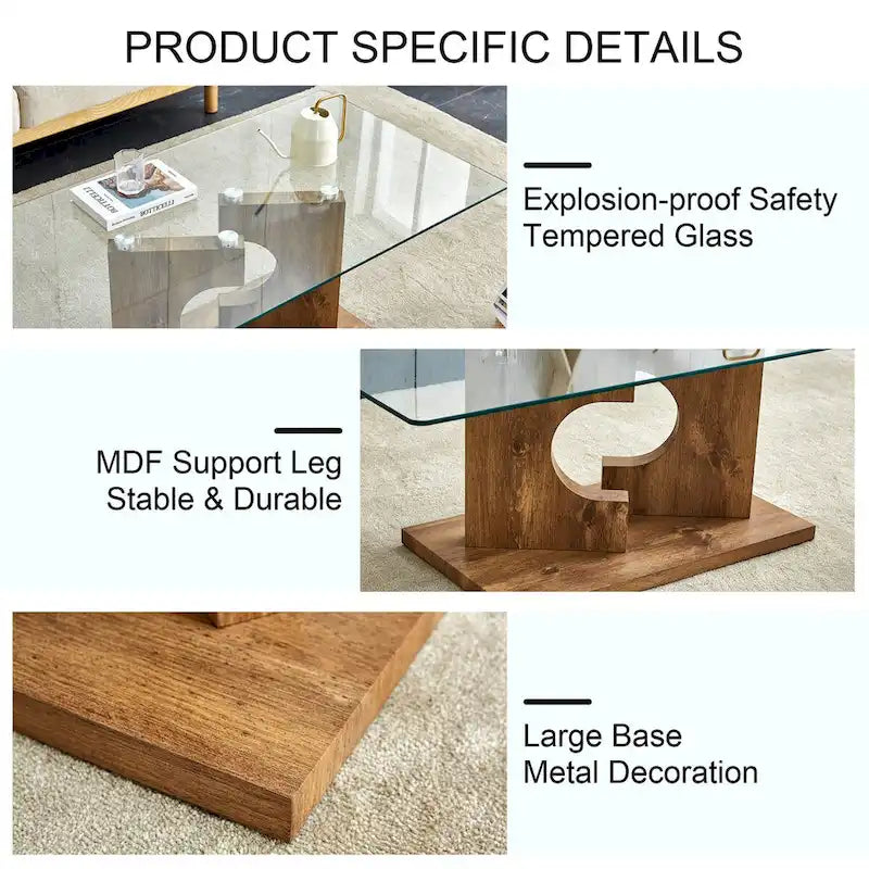 A rectangular modern coffee table with tempered glass tabletop and wooden color MDF legs. Suitable for living room.