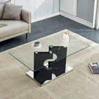 A rectangular modern coffee table with tempered glass tabletop and wooden color MDF legs. Suitable for living room.