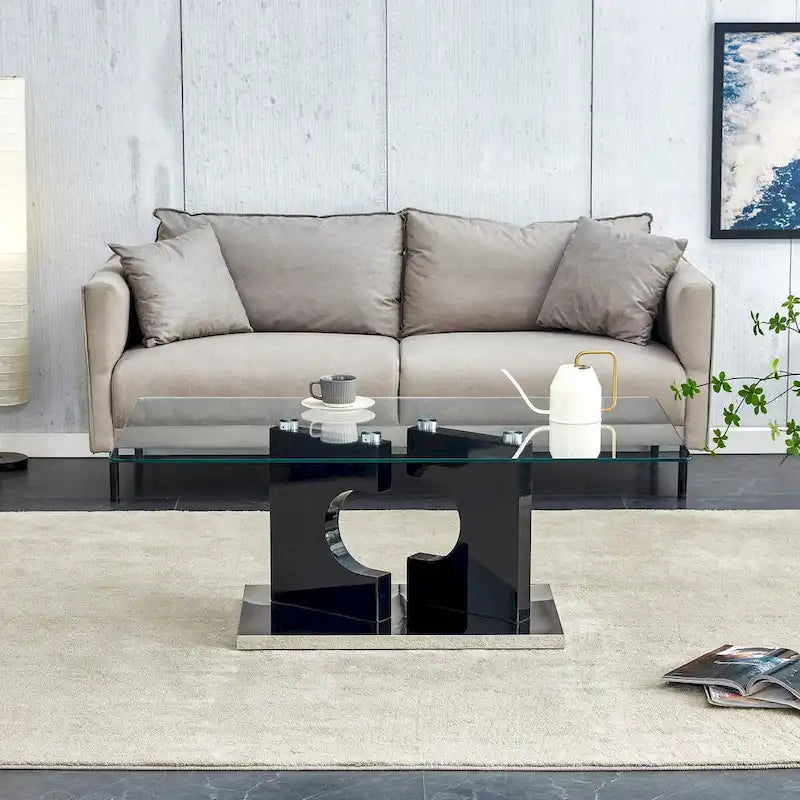 A rectangular modern coffee table with tempered glass tabletop and wooden color MDF legs. Suitable for living room.